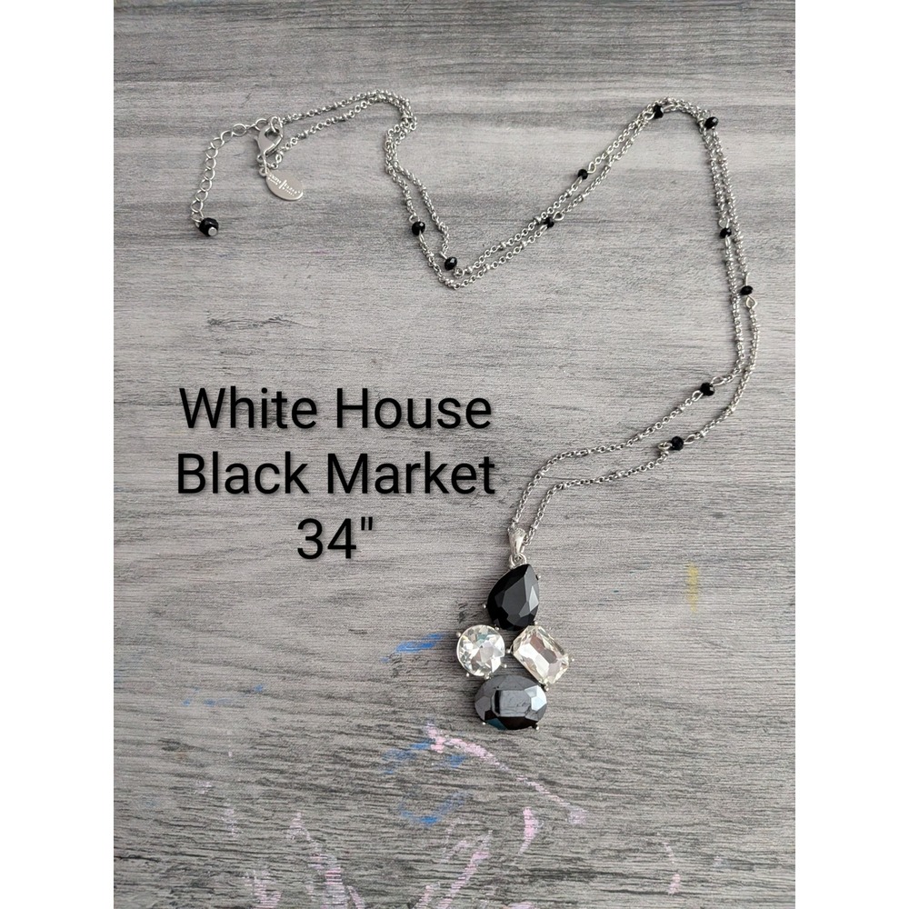 White House Black Market Silver Tone Black Grey Crystal Pendant Necklace 34"